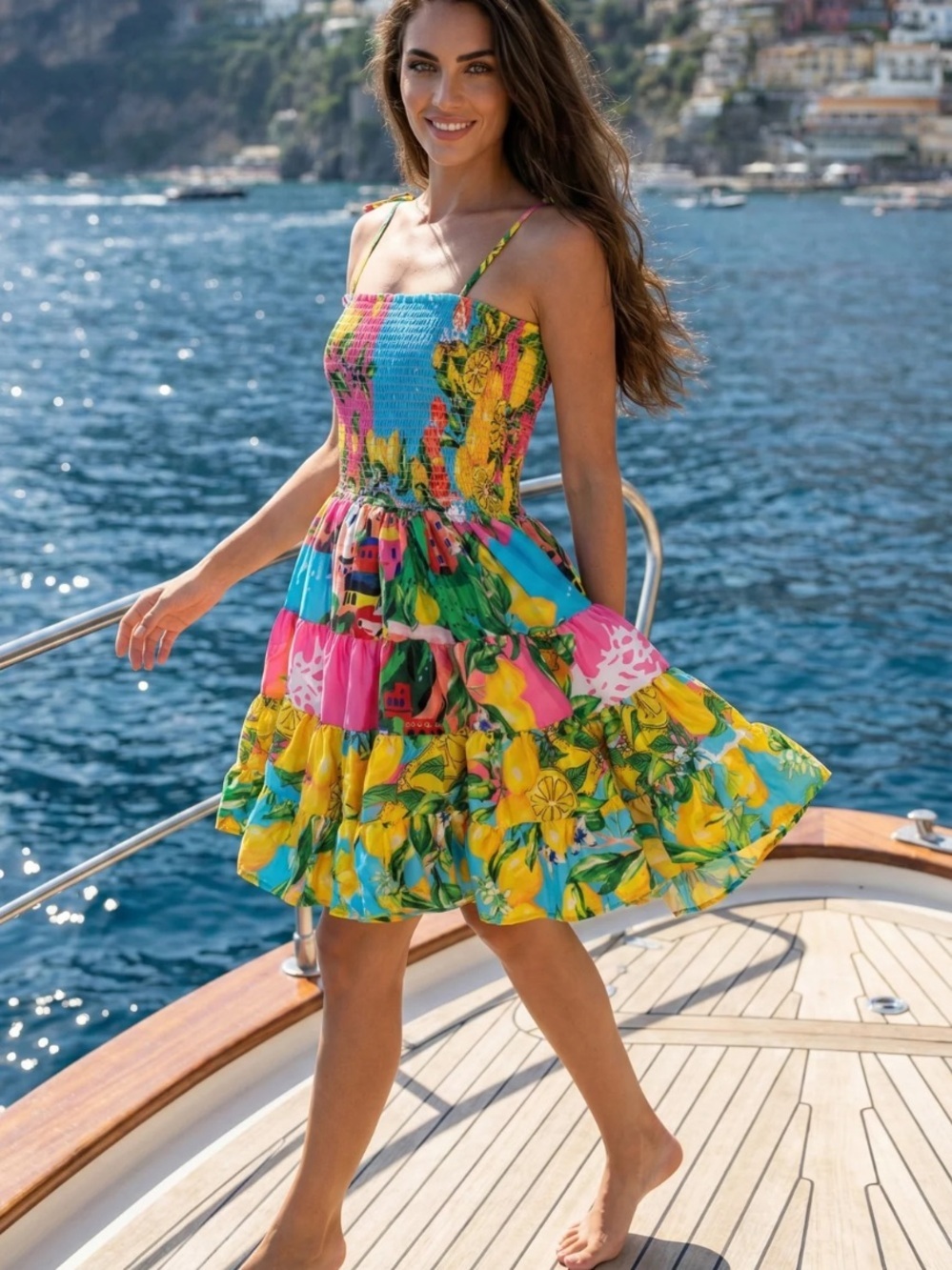 Antica Sartoria 2026 Smocked Top Dress in Bright Positano Lemon Print NWT O/S